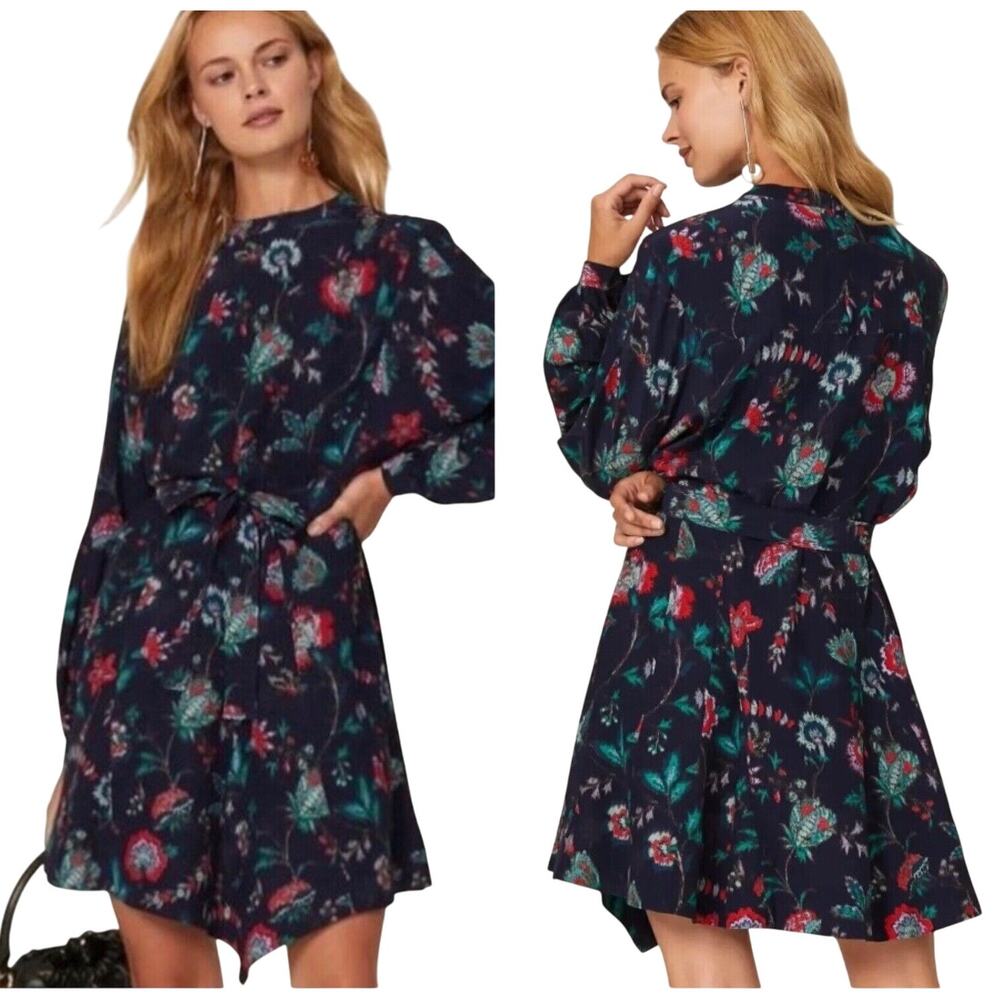 Derek Lam A-Line Navy Floral Print Long Sleeve Belted Mini Dress Sz‎ 38/Sm